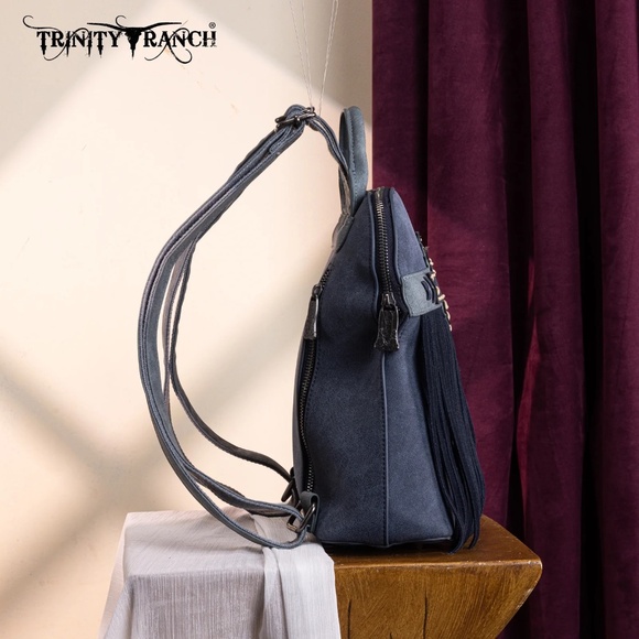 Trinity Ranch Aztec Tooled Fringe Concealed Carry Backpack Navy - Picture 4 of 5